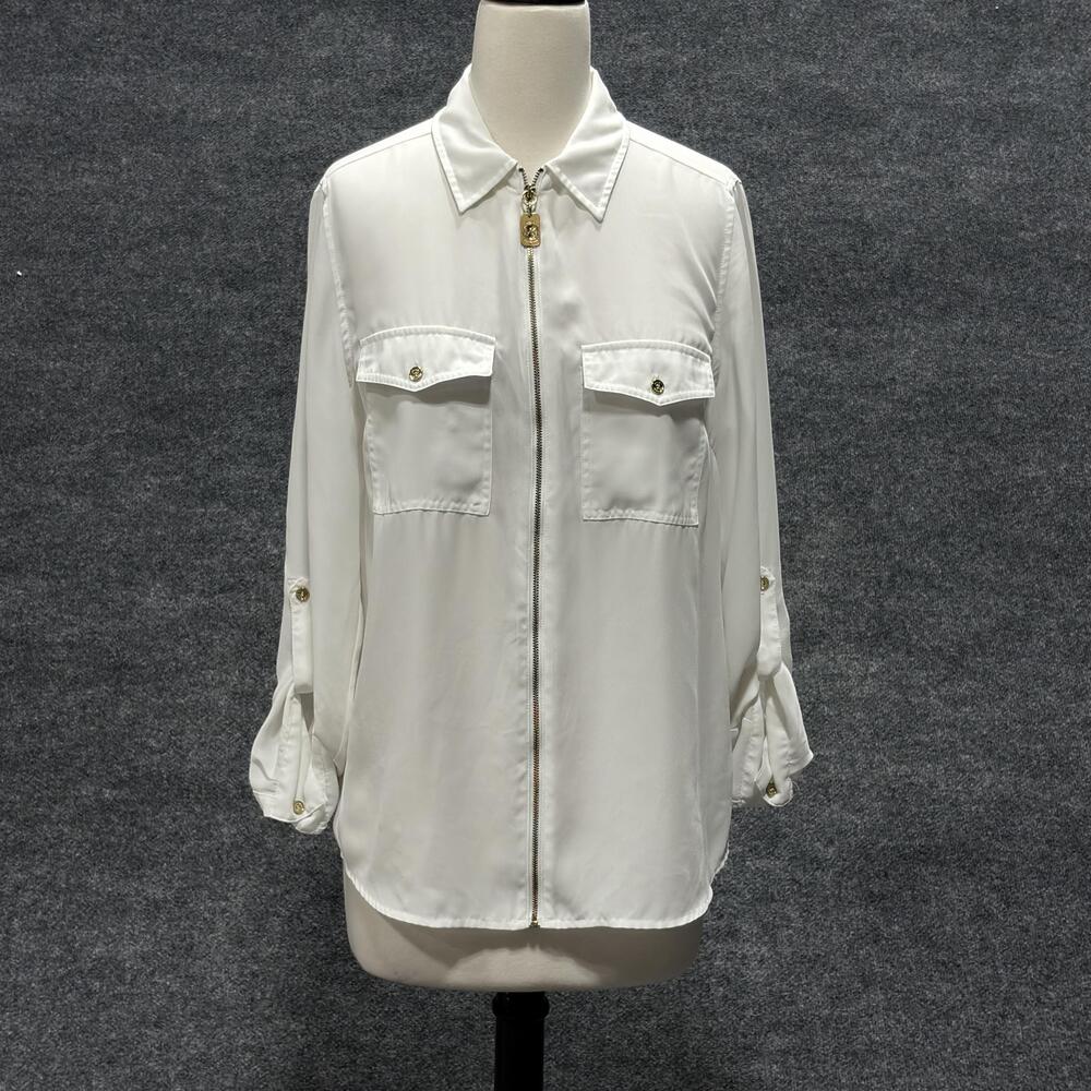 Michael Michael Kors Shirt Womens 8 White Zip Front Roll Tab Pockets Blouse